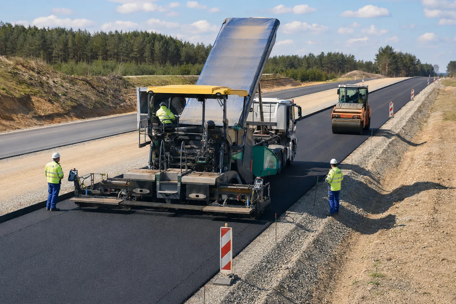 Conceptual visualization of an asphalt paver and tandem roller in a controlled road work zone