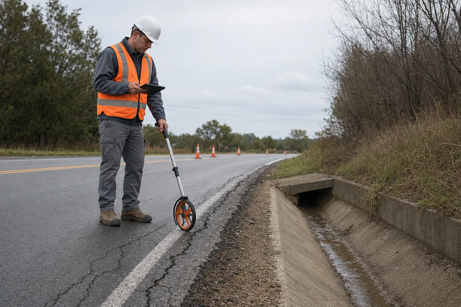Conceptual visualization of a road engineer inspecting pavement and drainage conditions